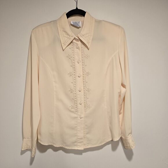 True Vintage 80s Tess Blouse Womens Size 8 Cream Embellished Button Up Secretary - Picture 1 of 8